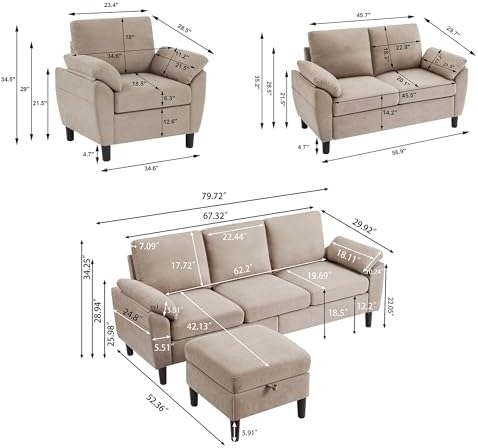 4 Pieces Sectional Sofa Set, Linen Small Couch Set - Image 2