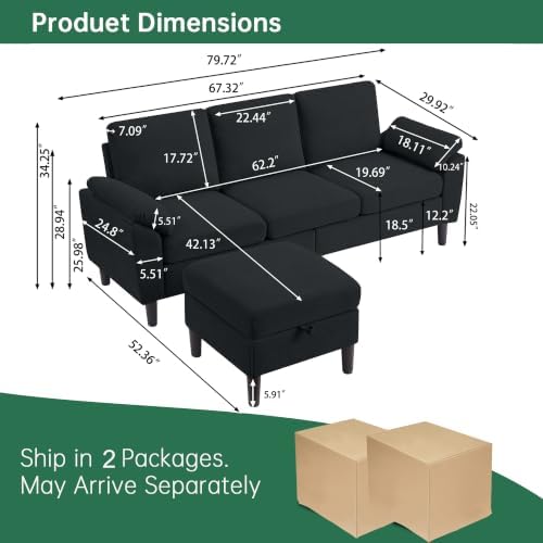 80" L Shaped Couch with Storage, Small Sectional Couches - Image 2