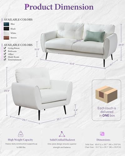 61'' Small Leather Loveseat and Chairs, 3 Piece Living Room Sets - Image 2