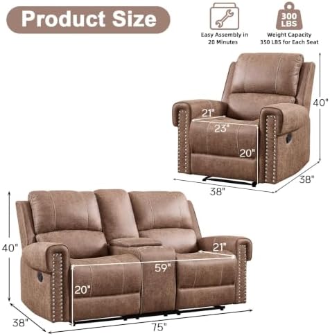 EBELLO 3-Piece Manual Recliner Sofa Set, Faux Leather 2 Overstuffed Single - Image 2