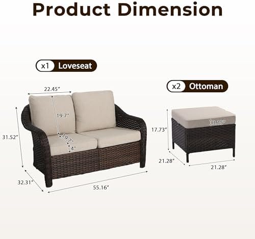 3 Piece Patio Wicker Conversation Set, All-Weather Use Outdoor Wicker Loveseat - Image 2