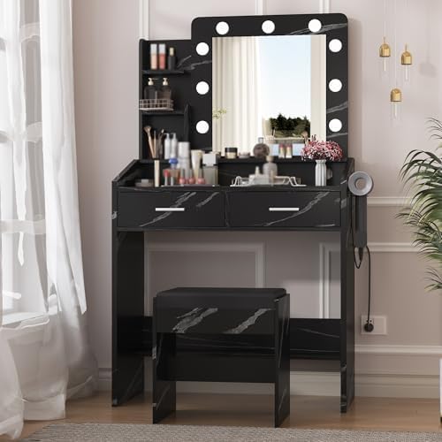 Vanity Desk with Power Outlet, Makeup Vanity with Large Mirror and LED Lights - Image 7