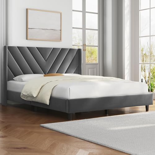 Yaheetech Full Bed Frame with Chevron Channel-Tufted Headboard, Dark Gray - Image 3
