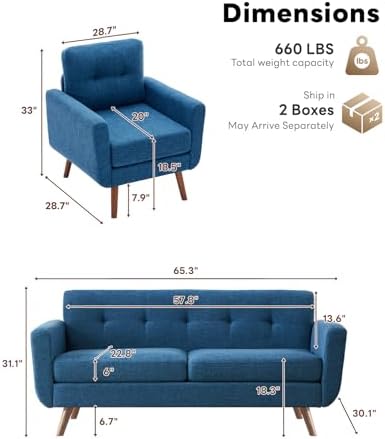 Tbfit Mid Century Modern Sofa Couch, Loveseat & Accent Chair - Image 2
