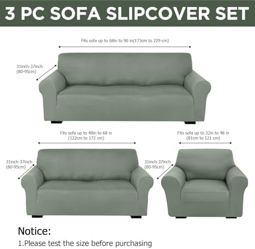 Peryiter 3 Pcs Couch and Loveseat Sofa Covers, Sage Green, Milk Silk - Image 2
