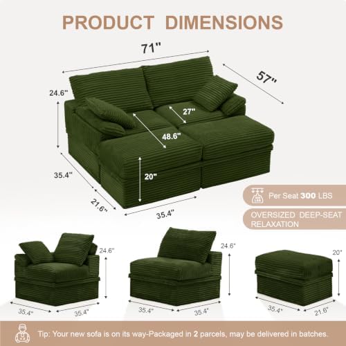 71" Modular Loveseat Sofa with Storage, 2-Seater Boneless Couch with Ottoman - Image 3