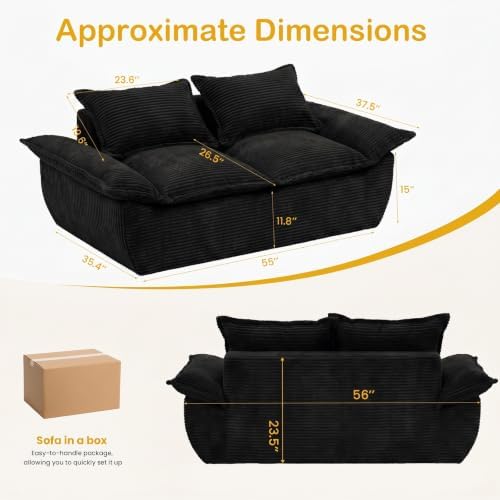 56" Boneless Loveseat, 2-Seater Black Boneless Sofa - Image 2