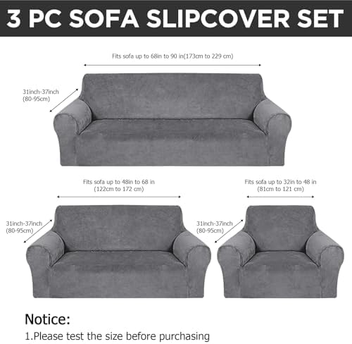 Peryiter 3 Pcs Couch and Loveseat Sofa Covers, Light Gray - Image 2