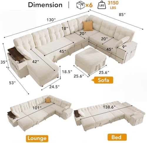 Vipbear 130" Modular Sectional Sleeper Sofa - Image 3