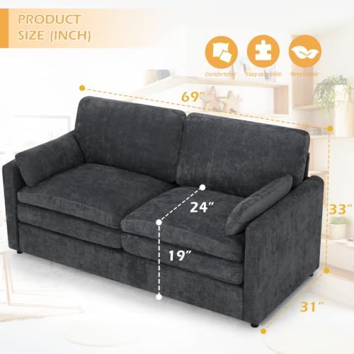 69” Chenille Love seat Sofa w/Arm Pillows, Dark Grey - Image 2