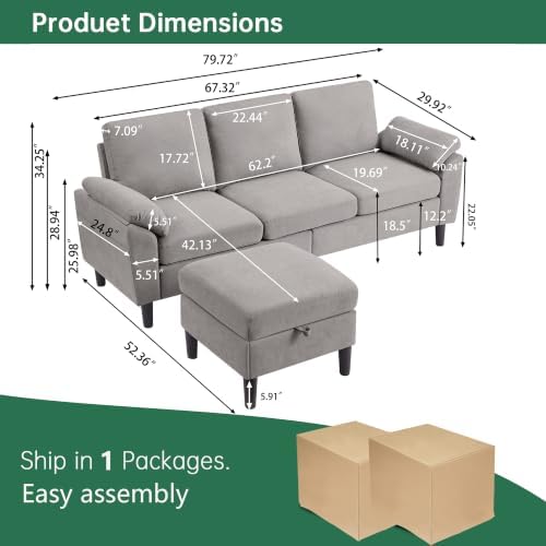 80" L Shaped Couch with Storage, Small Sectional Couches - Image 2