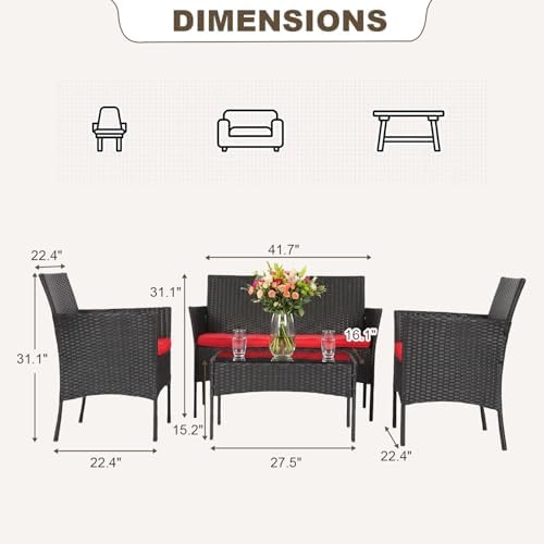 FDW 4-Piece Patio Furniture Set | Red | Outdoor Wicker Furniture - Image 2
