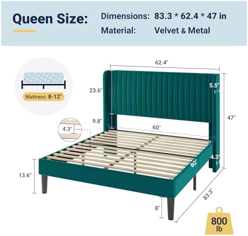 Allewie Queen Size Bed Frame/Velvet Upholstered Platform Bed/Vertical Channel - Image 2