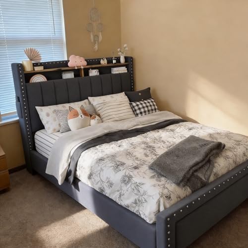 EnHomee Twin Bed Frame with Large Drawer & 2-Tier Storage Headboard Shelf - Image 4
