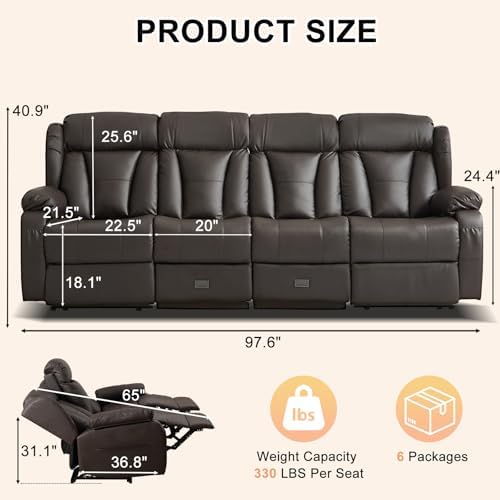 97.6" Reclining Sofa 4 Seater Recliner Couch - Image 3