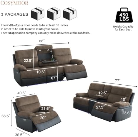 Power Recliner Sofa Set with LED, 3 Pieces Sectional Couches, Corduroy & - Image 2