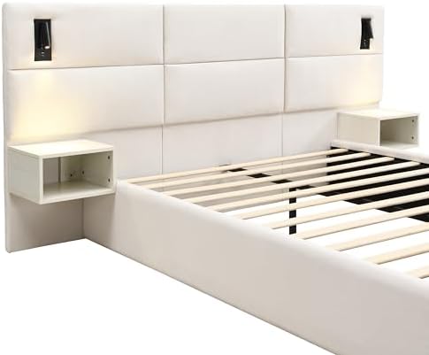 Queen Size Bed Frame with LED Lights and Floating Shelves, Modern Chenille - Image 7