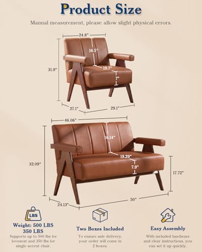 Mid Century Modern Brown Faux Leather Living Room Furniture Set of 2 - Image 5