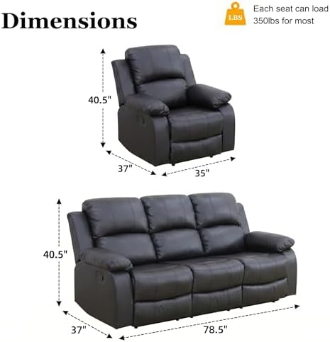 3 Piece Manual Reclining Leather Sofa Set, Reclining Couch Sofa Set Includes - Image 7