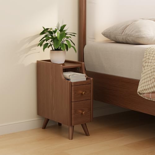 AQIMUELE Small Nightstand with Drawers, Solid Wood Bedside Table, Narrow Walnut by AQIMUELE