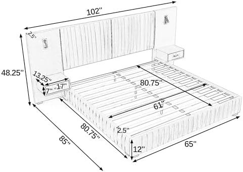 Queen Size Bed Frame with LED Lights and Nightstands, Modern Chenille - Image 2