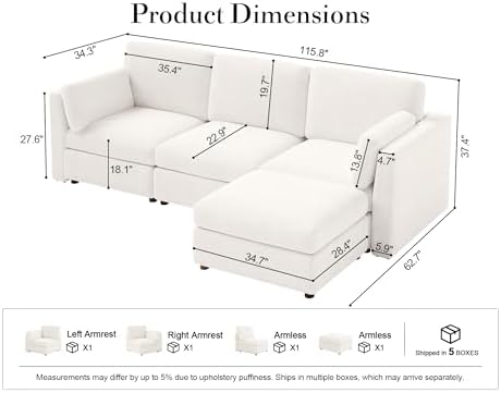 Oversized Modular Sectional Sofa L-Shaped Cloud Couches White - Image 2