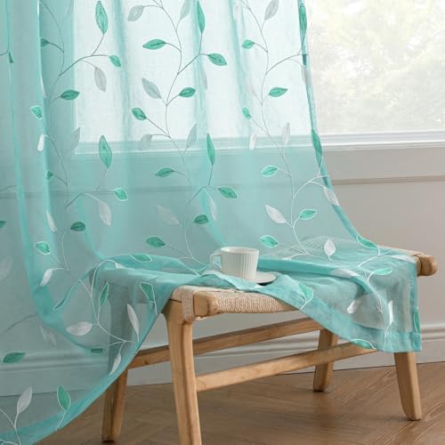 MIULEE Turquoise Sheer Curtains 2 Panels Leaf Patterned, W52 x L84 by MIULEE