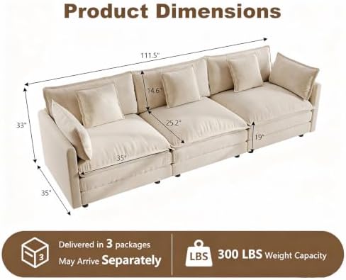 111.5" Modular Sectional Sofa, 3 Seater Deep Seat Cloud Couch - Image 2