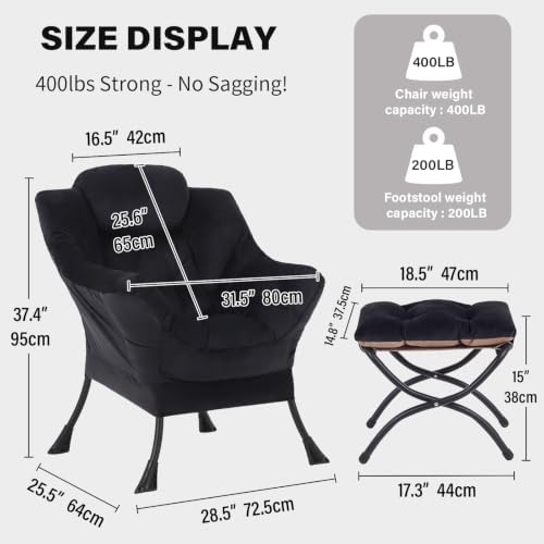 Tiita Lazy Chair with Ottoman, Comfy Reading Accent Chair, Velvet Black - Image 2