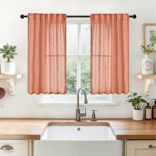 Burnt Orange Linen Semi Sheer Curtains 34 X 40 Inch Long by YoungsTex
