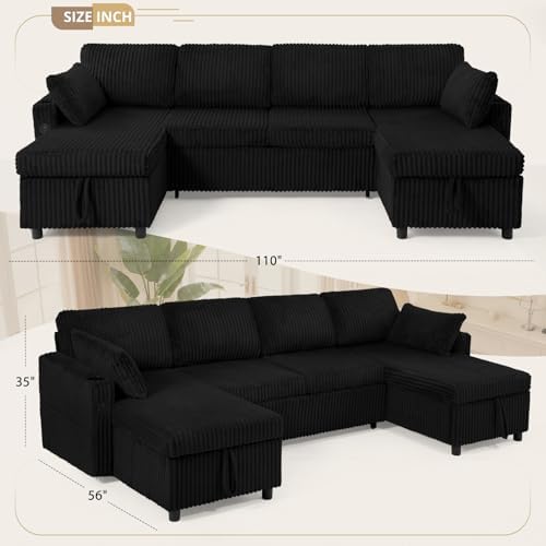 110" Corduroy U-Shape Sofa Bed - Image 3