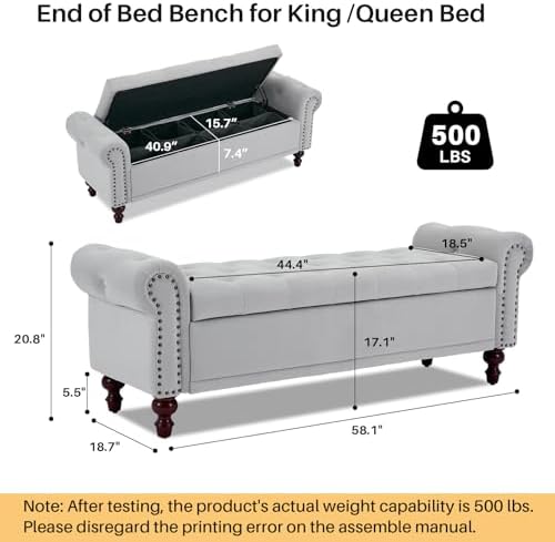 SOFTHION 58.1" Storage Bench for Bedroom, Velvet Upholstered, Light Grey - Image 2