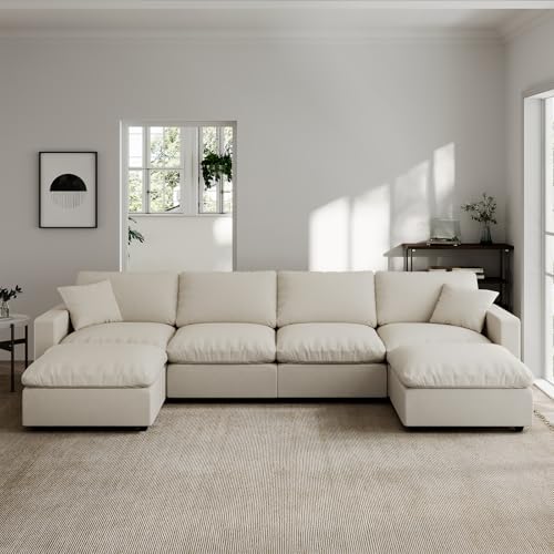 Modern Sectional Linen Couch for Living Room U-Shape Sofas, 6 Seat Modular by Gtilzria