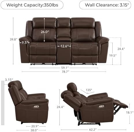 CHITA Leather Power Recliner Sofa, Dark Brown, Loveseat - Image 2