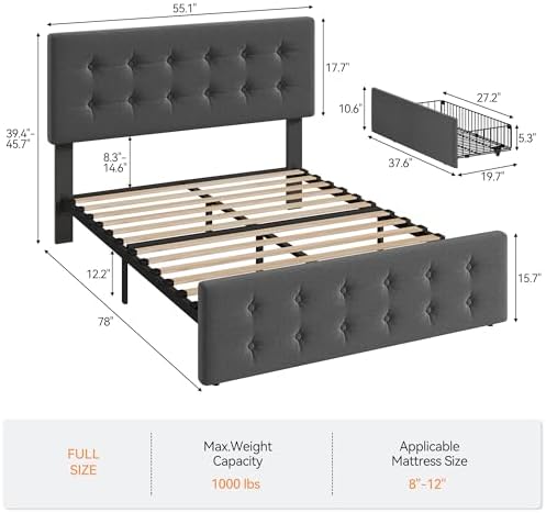 IDEALHOUSE Full Bed Frame with 4 Storage Drawers and Headboard, Dark Grey - Image 2