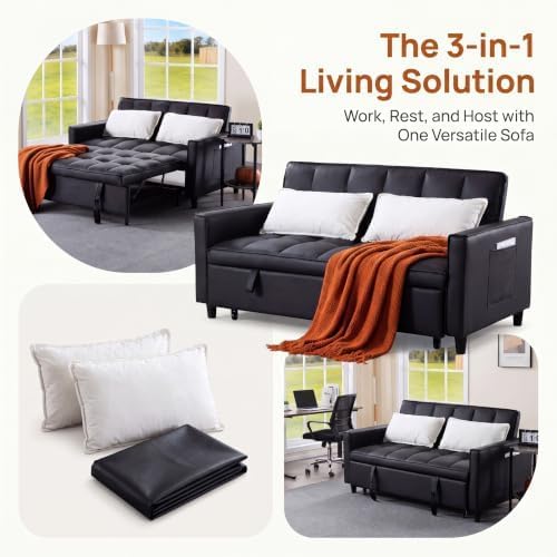 Leather Sleeper Sofa Bed with Adjustable Backrest & Pillows - Image 5