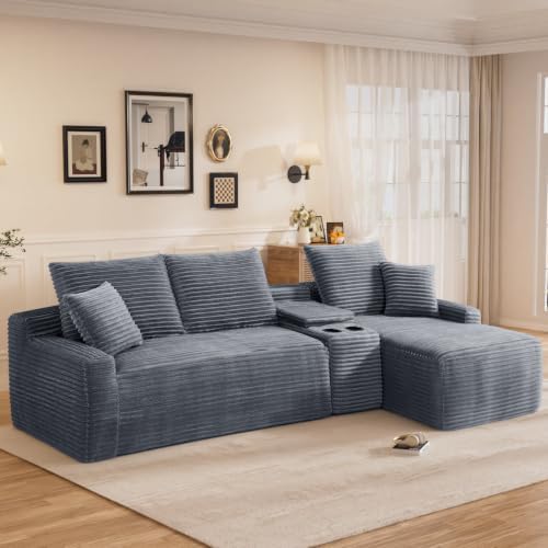 95" L Shaped Cloud Couch Modular Sectional Sofa, Comfy Fluffy Corduroy Grey - Image 4