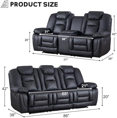 EBELLO Manual Recliner Sofa Set, Faux Leather Reclining Living Room Furniture - Image 2