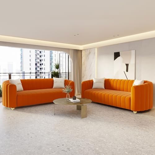 2-Piece Orange Velvet Tufted Sofa Set by yunqishiHOME