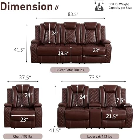 Power Recliner Sofa Set, Breathing Leather Reclining Couch Set, Leather - Image 2