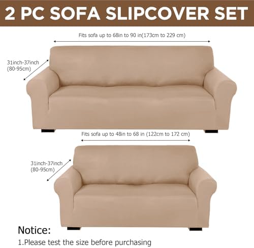Peryiter 2 Pcs Couch and Loveseat Sofa Covers, Sand Color, Milk Silk - Image 2