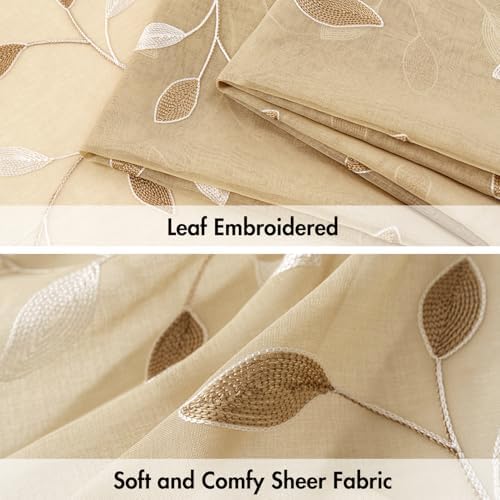 MIULEE Khaki Sheer Curtains 2 Panels Embroidered Leaf Patterned, W52 x L45 - Image 4