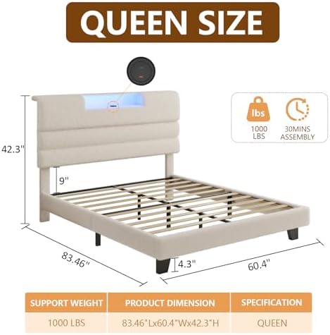 Queen Bed Frame with Charging, LED Boucle Platform Bed - Image 2