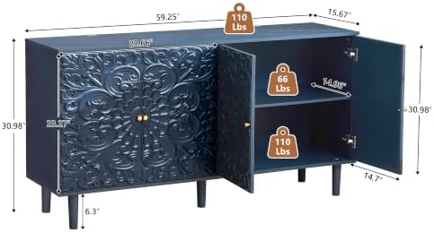 59" Buffet Cabinet with Storage, Floral Embossed Sideboard - Image 2