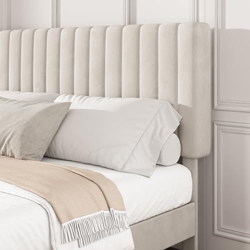 Queen Velvet Bed Frame with Vertical Channel Tufted Headboard Beige - Image 4