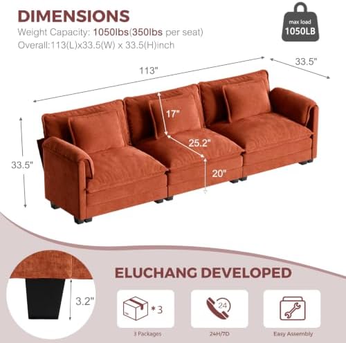 ELUCHANG 116" Oversized Modular Sectional Sofa, Comfy Chenille Cloud Couch - Image 2