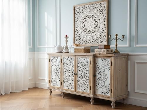 LKTART 63" Solid Wood Sideboard Buffet, Carved Credenza Storage Cabinet - Image 6