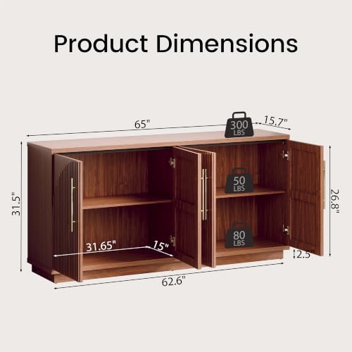 65" Buffet Cabinet with Storage, Fluted Sideboard Cabinet with 4 Arched Doors & - Image 2