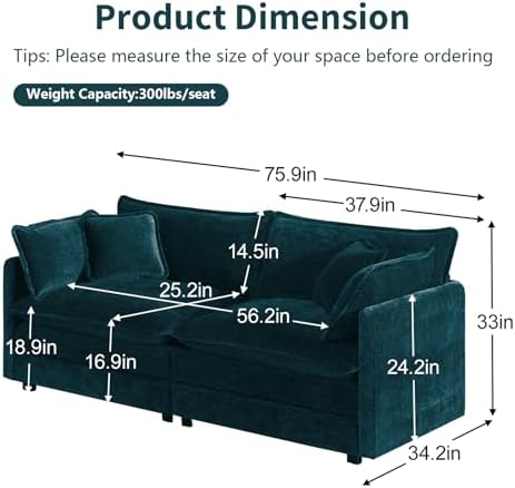 GNIXUU 76" Blue Loveseat Sofa Cloud 2 Seater Modular Couch - Image 2