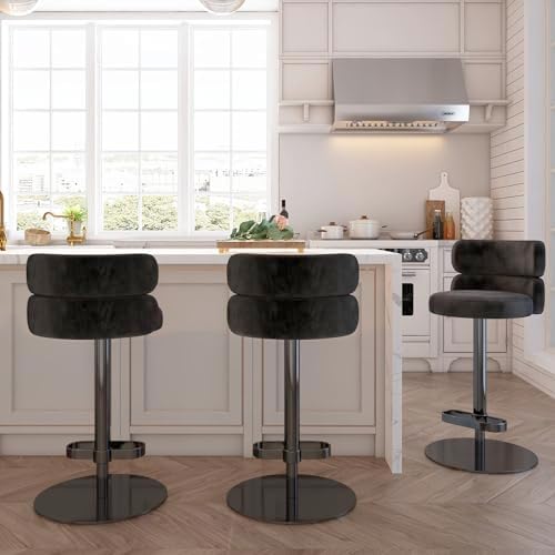 Modern Velvet Bar Stool, Swivel Adjustable Height Kitchen Counter Stool - Image 5
